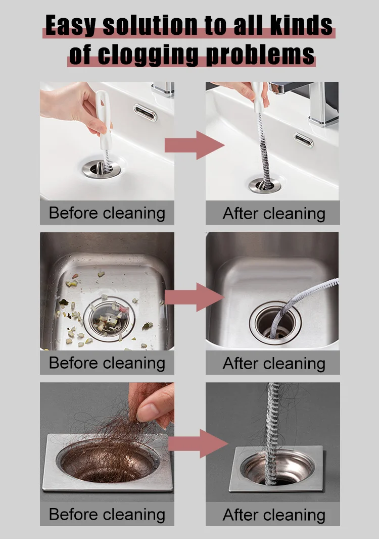 Flexible Pipe Dredging Brush – Drain Hair Clog Remover for Bathroom Sink & Sewer (45cm / 65cm)